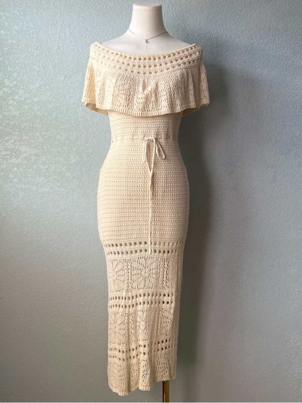 Cream Crochet Knit Midi Dress Off Shoulder Boho Beach Resort Cover Up M